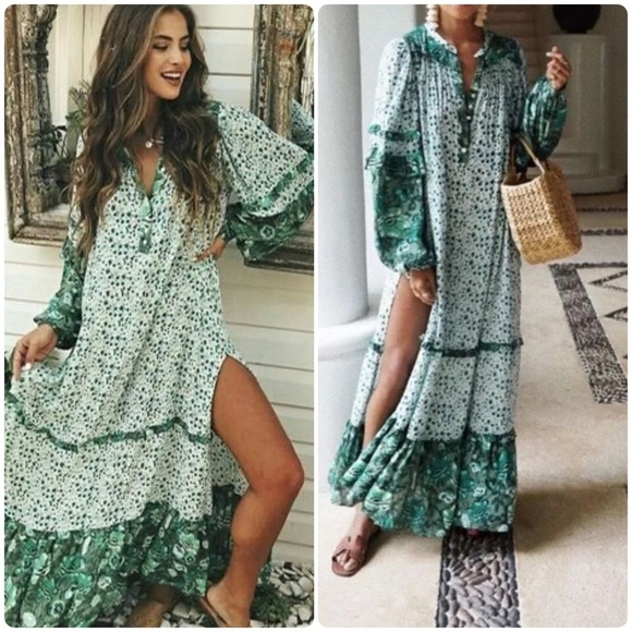 Retro Bohemian Green and White Floral Flowy Beach Vacation Maxi Dress Size XL - Picture 2 of 10
